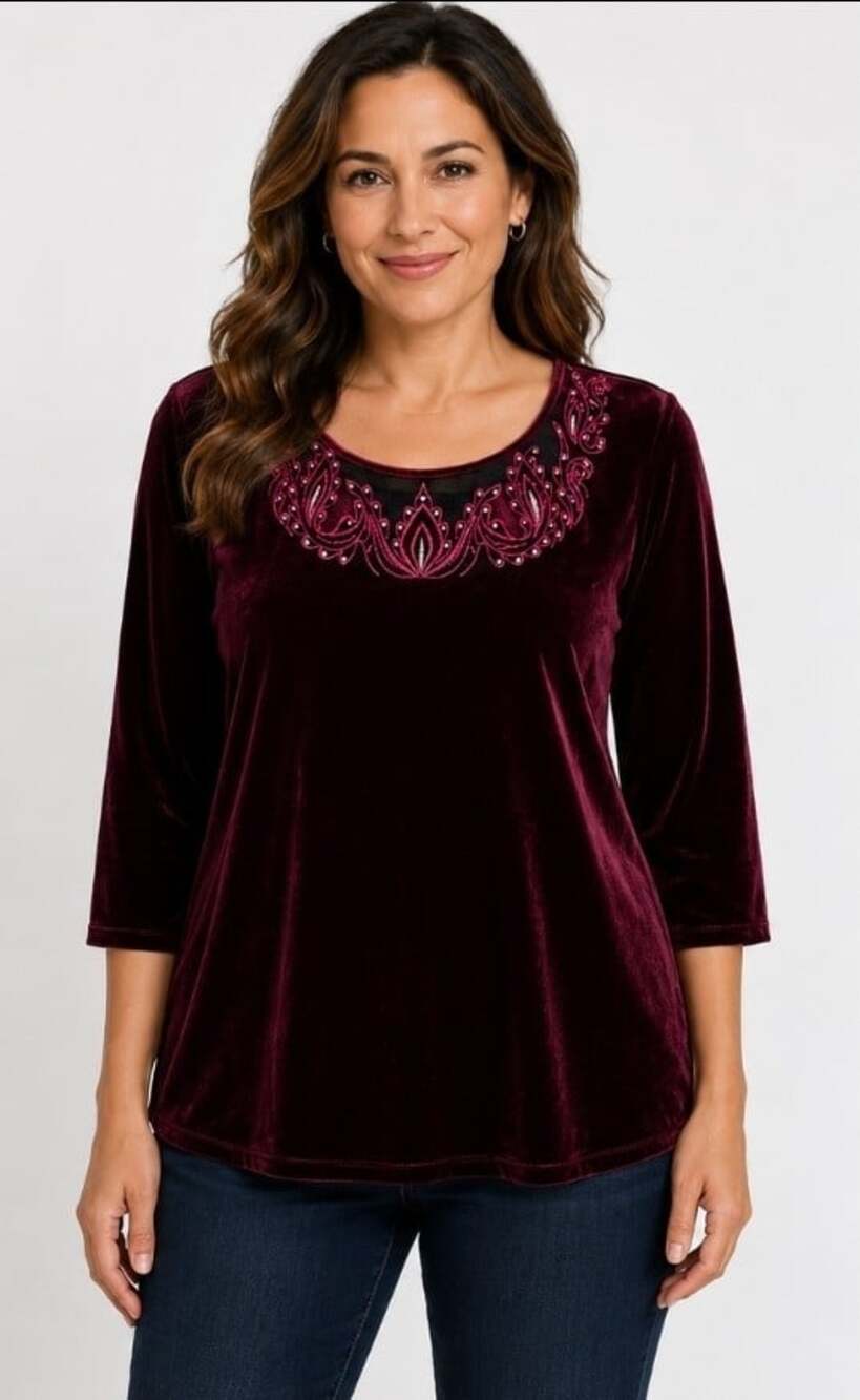 Bob Mackie Wearable Art Red Velvet Top Embroidered Sheer Neck Panel Sz L NWT T90